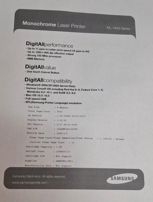 Drukarka laserowa Samsung ML-1640 stan bdb 5 tyś.str. chip