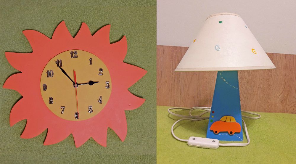 Lampka nocna i zegar z drewna do pokuju dziecięcego