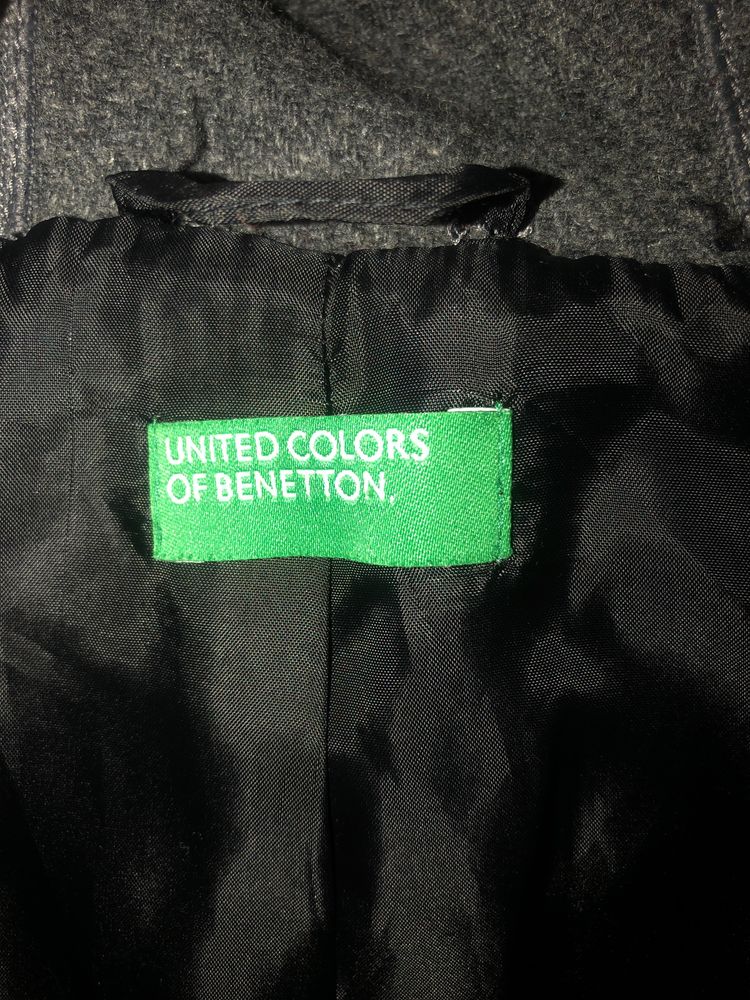 r.38/M Z kapturem Szary wełniany długi płaszcz United Of Benetton