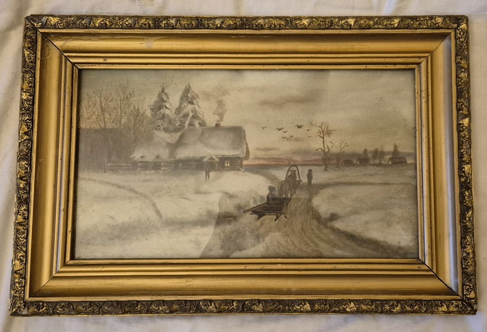 Stary zabytkowy przedwojenny obraz pejzaż na płótnie