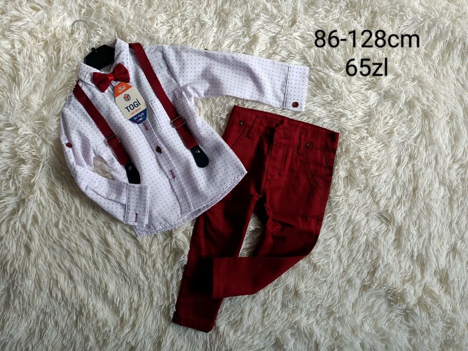 Komplet chłopiecy elegancki koszula mucha szelki spodnie 110-128cm