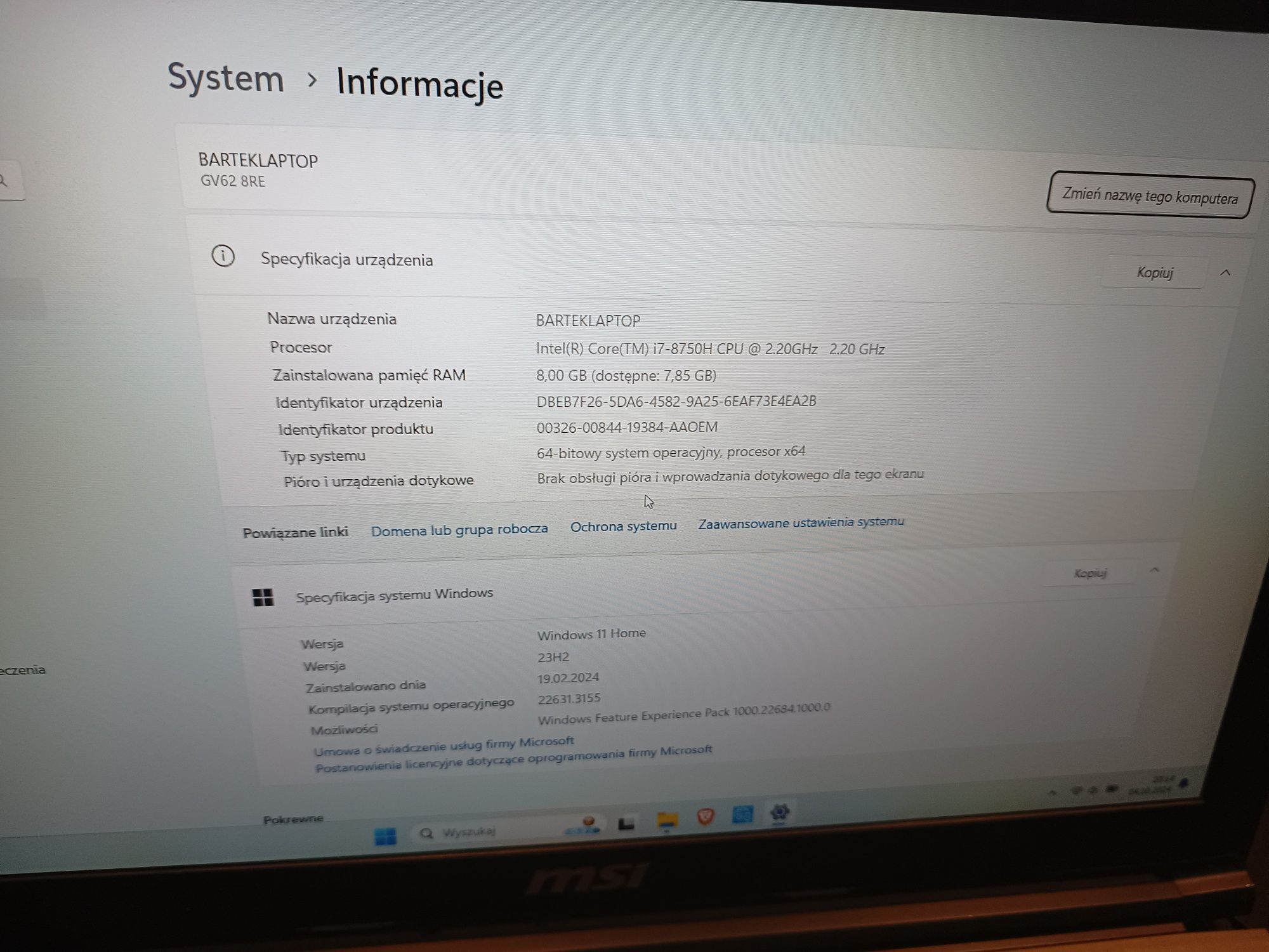 Laptop Gamingowy MSI GV62 GTX1060 6GB I7-8750h do gier