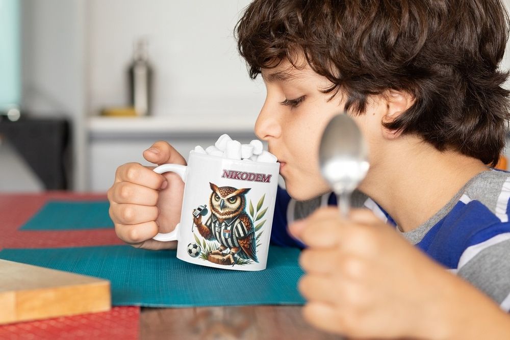 zestaw kubek 330ml + poduszka piłka nożna sowa sędzia piłkarski + imię