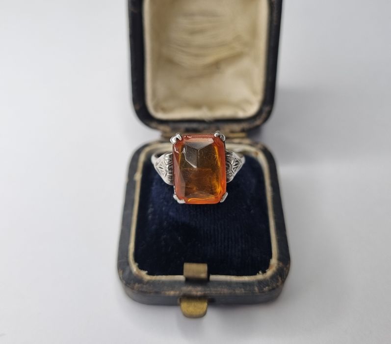 Art Deco srebrny pierścionek z pomarańczowym kamieniem srebro 935