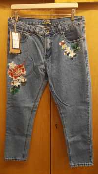 Spodnie damskie jeansy haft kwiaty 42 44 NOWE