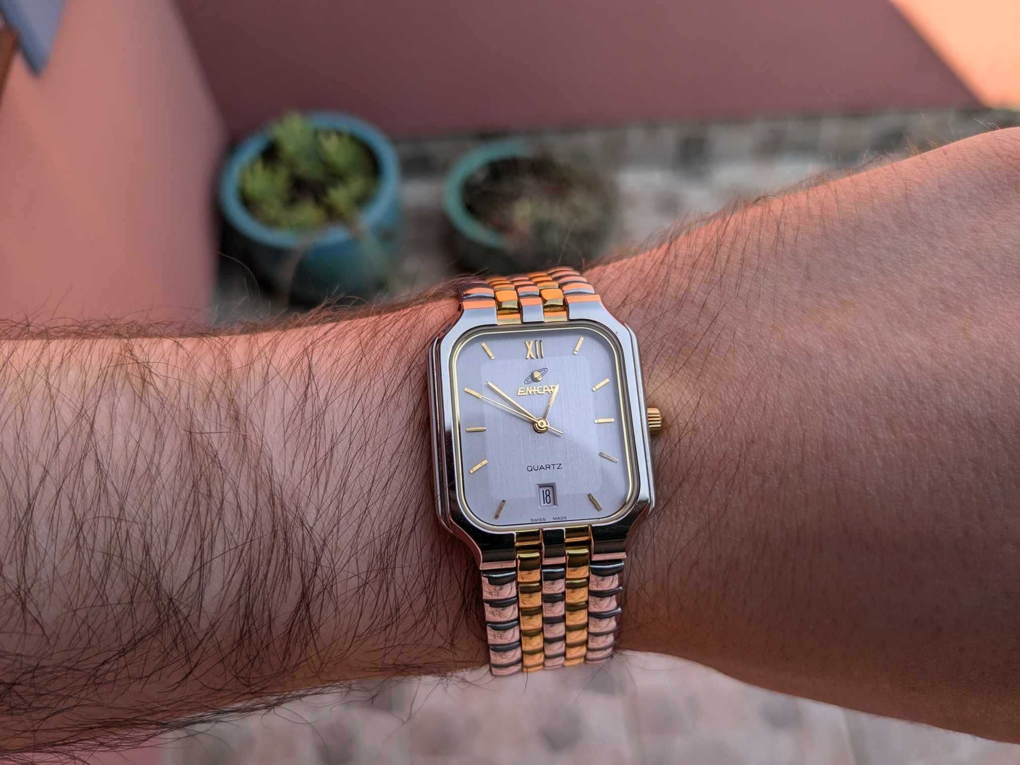 Enicar bi-color tank szwajcarski zegarek w stylu Cartiera z lat 80
