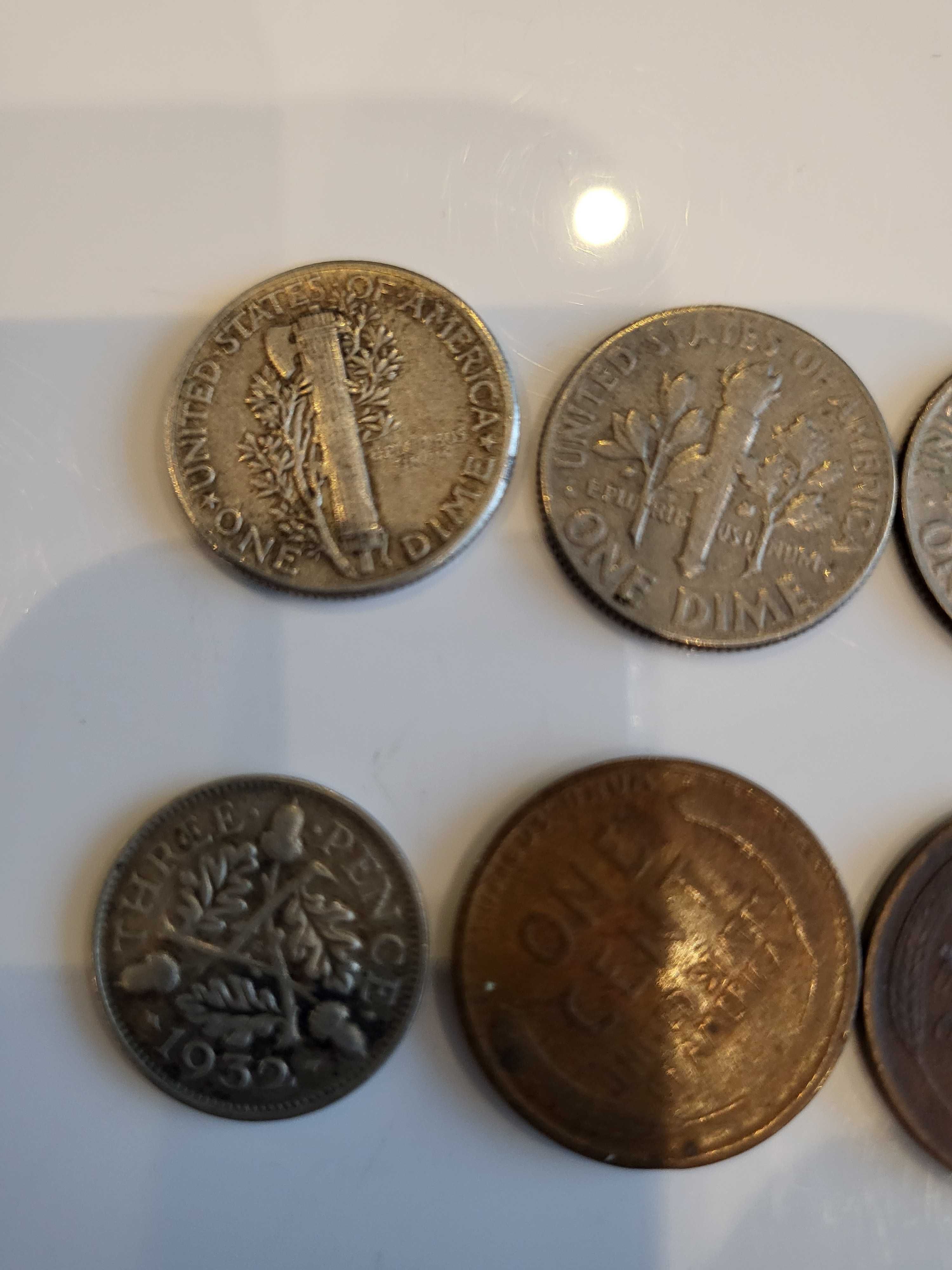 monety one dime , thre pence , one dime