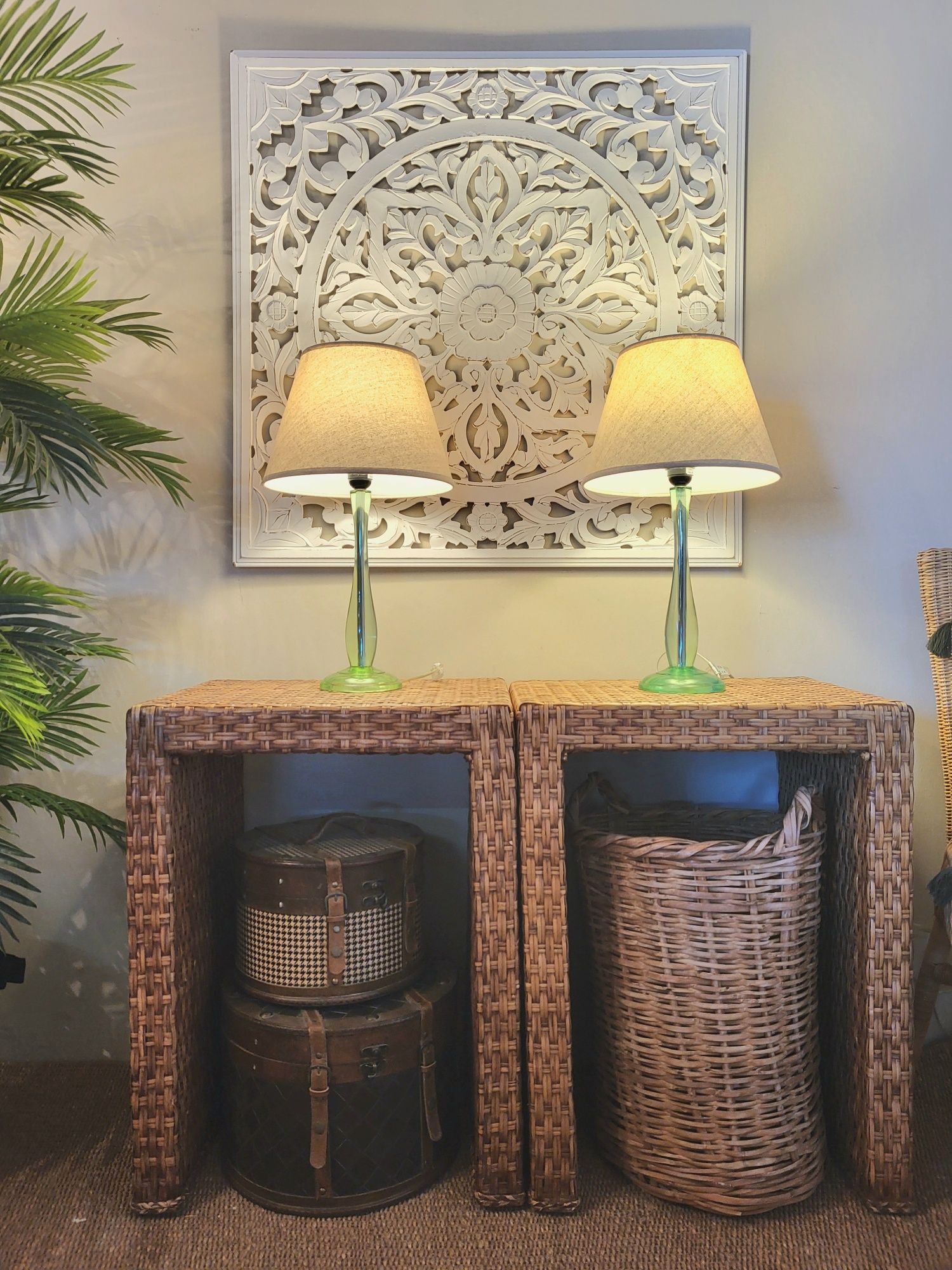 2 mesas, cabeceira, apoio, rattan, oriental, rustico