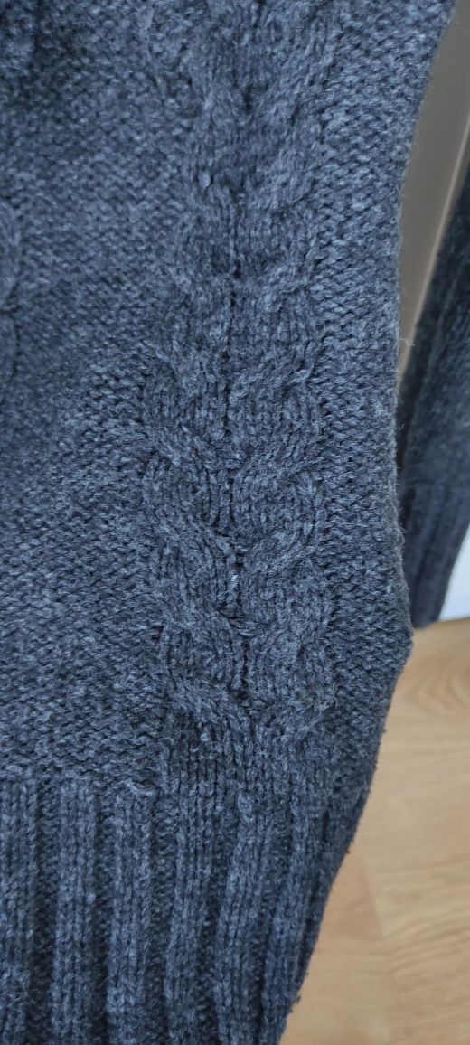 Sweter gruby ciepły H&M 36 S ciemnoszary warkocze 55% wełna 30% wiskoz