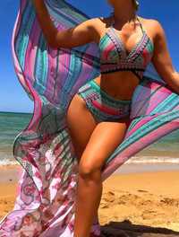Strój kąpielowy 3 częściowy chusta pareo bikini azteckie wysoki stan