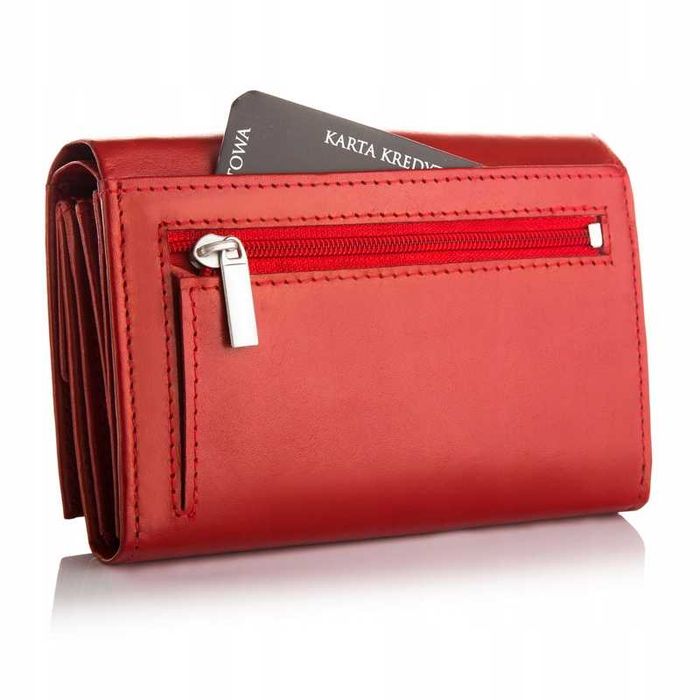 BETLEWSKI Portfel Damski Czerwony Skóra Naturalna Na Karty Dokumenty