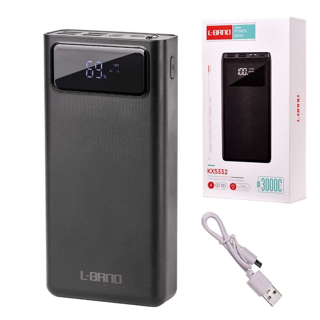 L-BRNO Powerbank 30000mAh z cyfrowym ekranem 4x USB LED latarka czarny