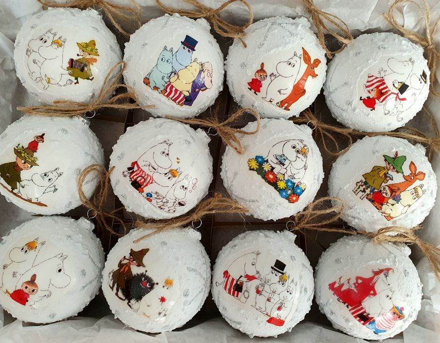 Bombki choinkowe śnieżki 80mm 8cm 12szt Muminki rękodzieło