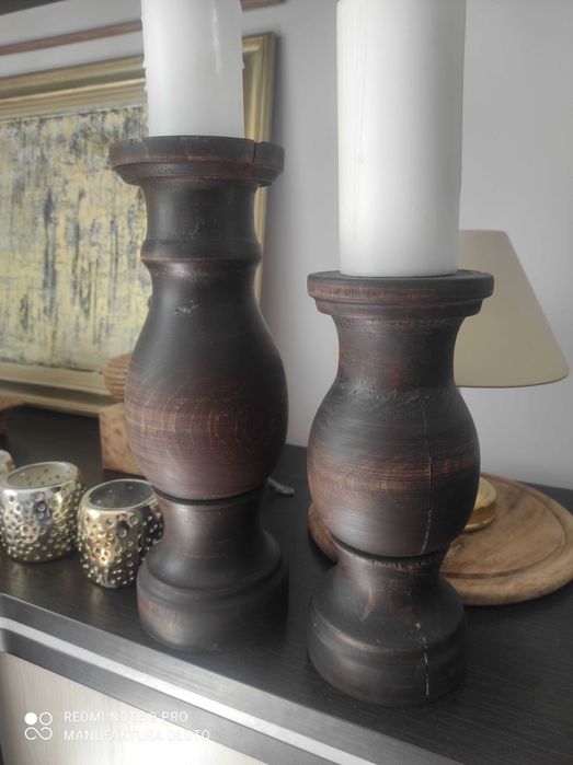 Świecznik vintage rustykalne drewniane toczone rękodzieło artystyczne