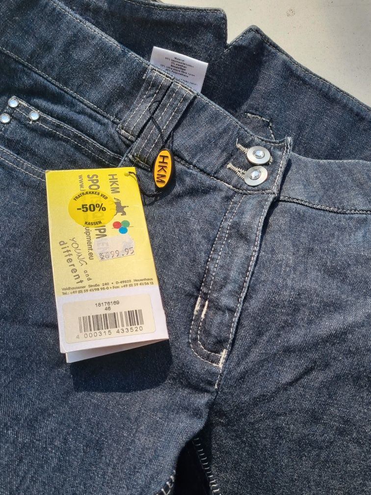 NOWE HKM spodnie do jazdy konnej bryczesy jeździecki denim pełny lej