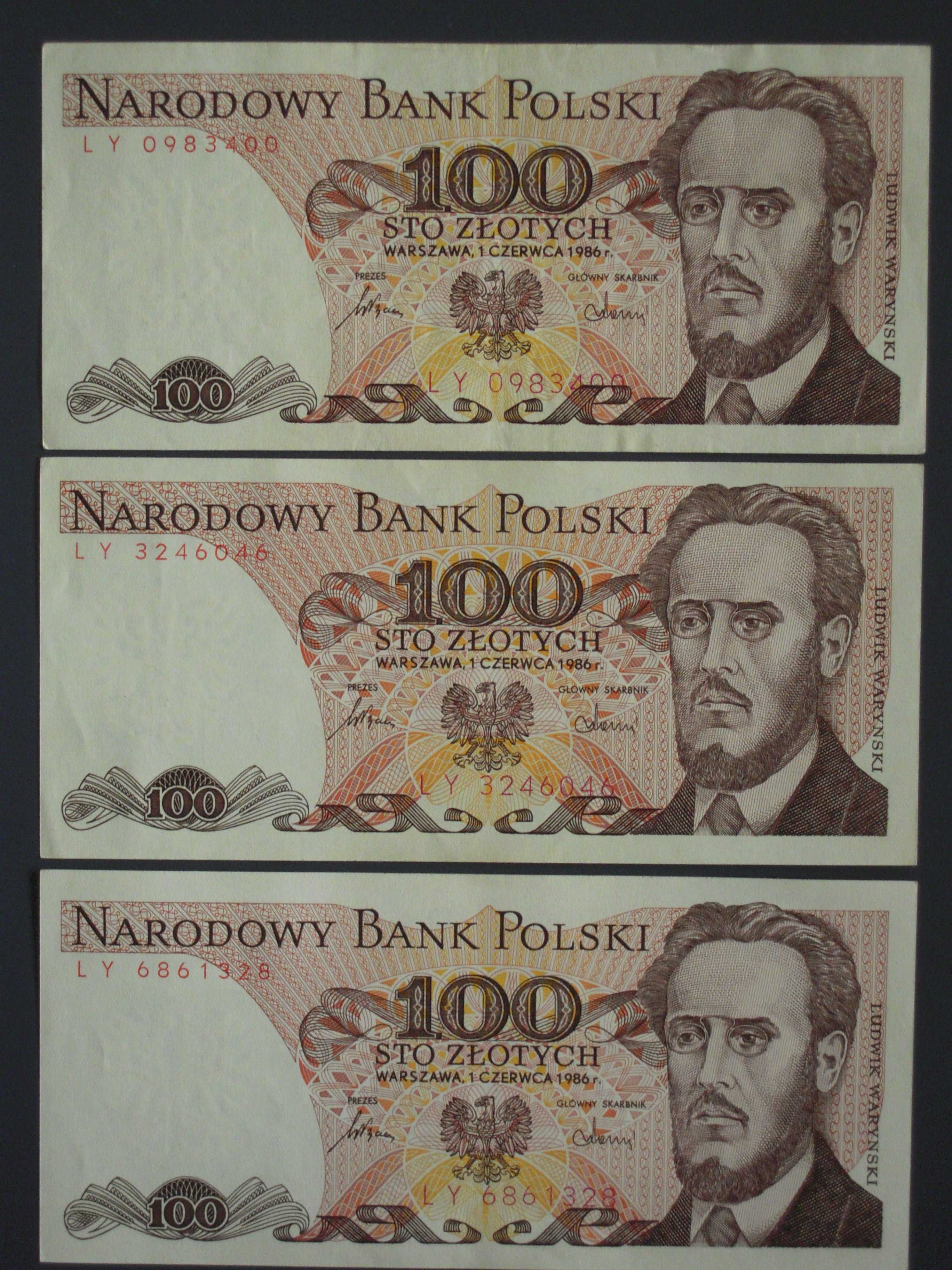 Banknoty PRL 100 zł - Ludwik Waryński - seria LY z 1 czerwca 1986 r.