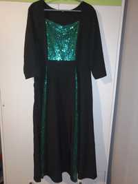 Sukienka wieczorowa, czarna z zielonymi cekinami, rozmiar L