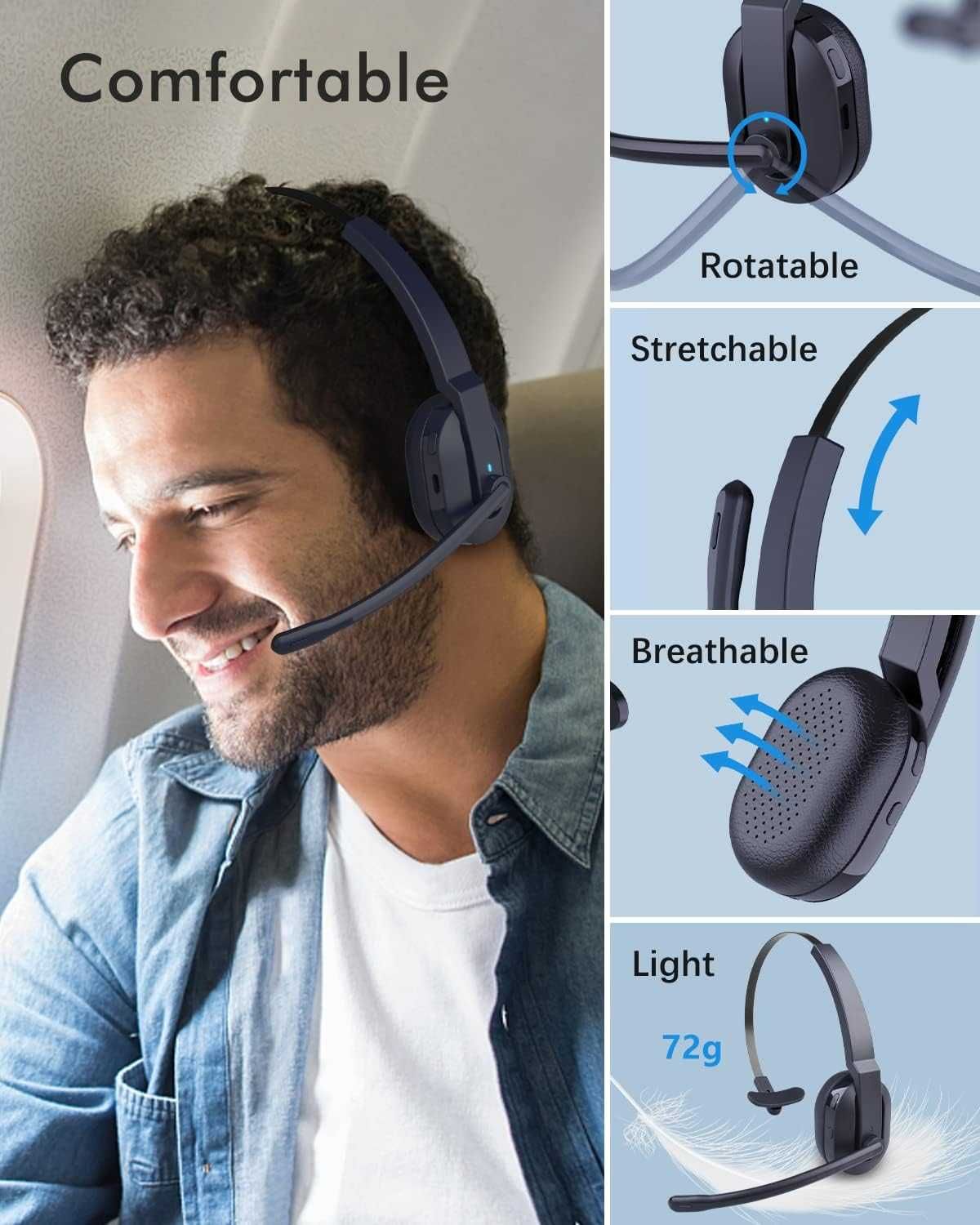 ASIAMENG Zestaw słuchawkowy Bluetooth z mikrofonem, bezprzewodowy