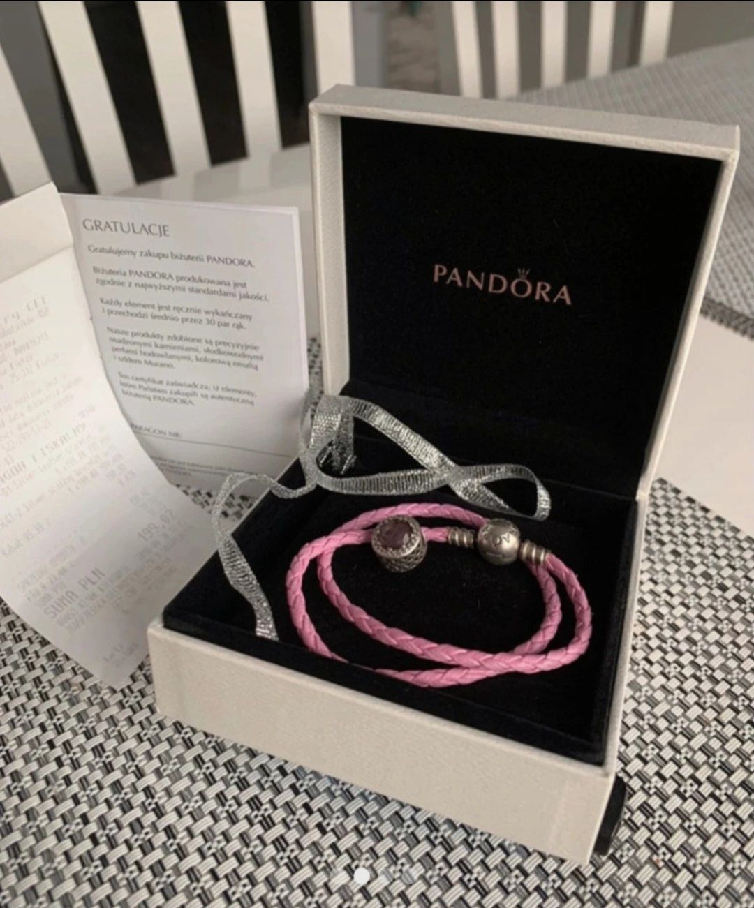 Pandora różowa skórzana bransoletka