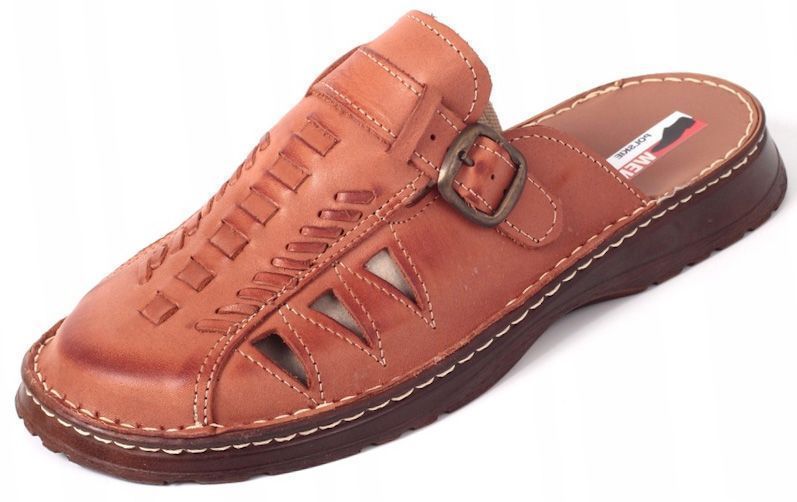 Klapki skórzane męskie skóra naturalna domowe kapcie brązowe POLSKA 40