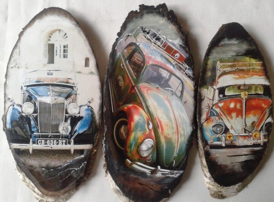 Серия картин на срезе дерева "Ретроавтопарк" декупаж ручная работа