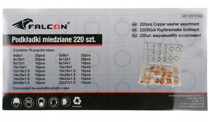 Набір мідних шайб 220шт Falcon F01002, медные шайбы