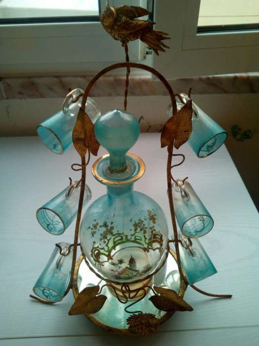 Licoreiro antigo vidro pintado com copos e suporte