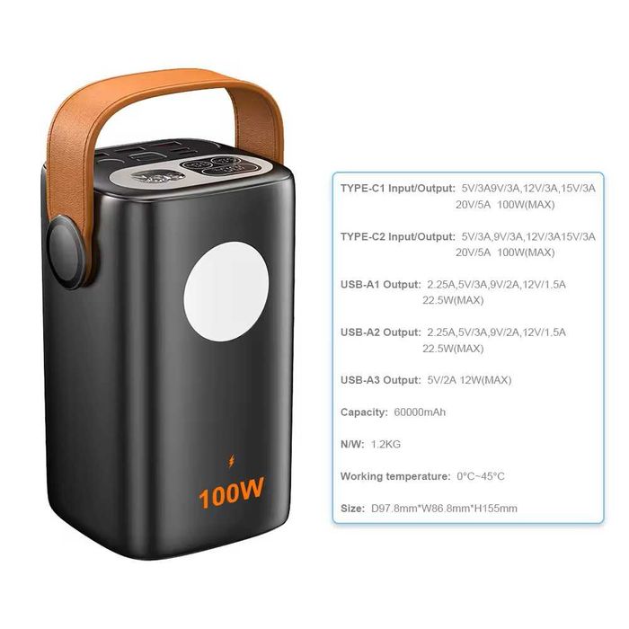 Повербанк ETU100 60000маг Type-C 100W з ліхтарем, 2*USB-C/3*USB-A