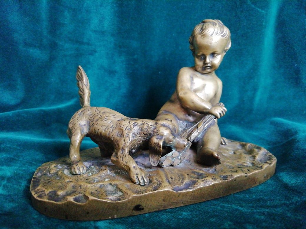 Статуэтка бронза 19 век - Франция Мальчик с собакой (Огюст Пайффер)