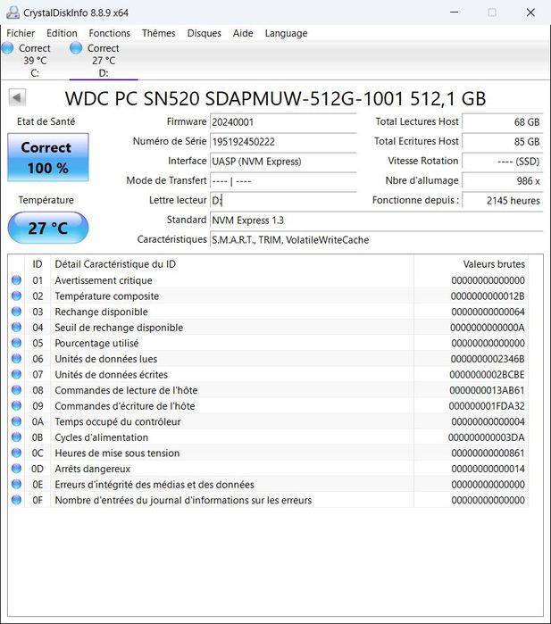 Discos SSD 512 Go NVME M2 Western digital SN520
