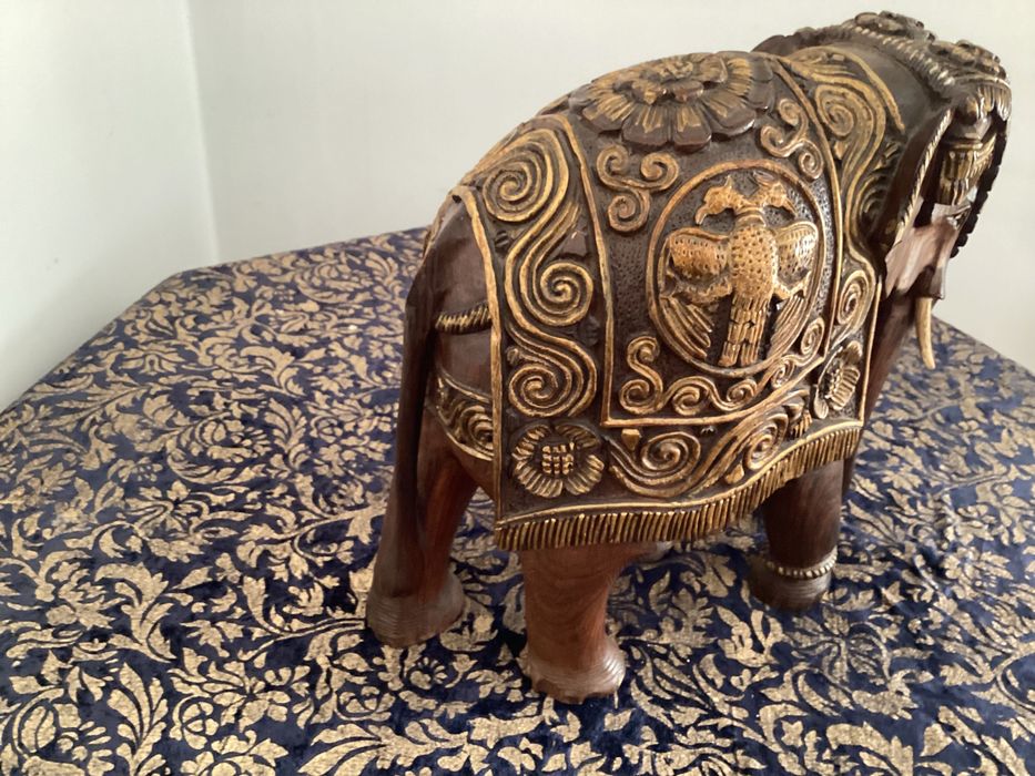 Słoń złocony RZEŹBA drewniana dł. 33cm