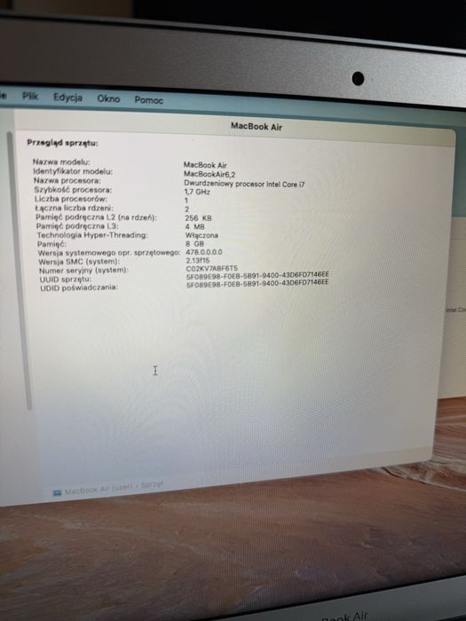 MacBook Air 13” i7 1,7 GHz • 8GB RAM • Stan BDB • Intel Core i7