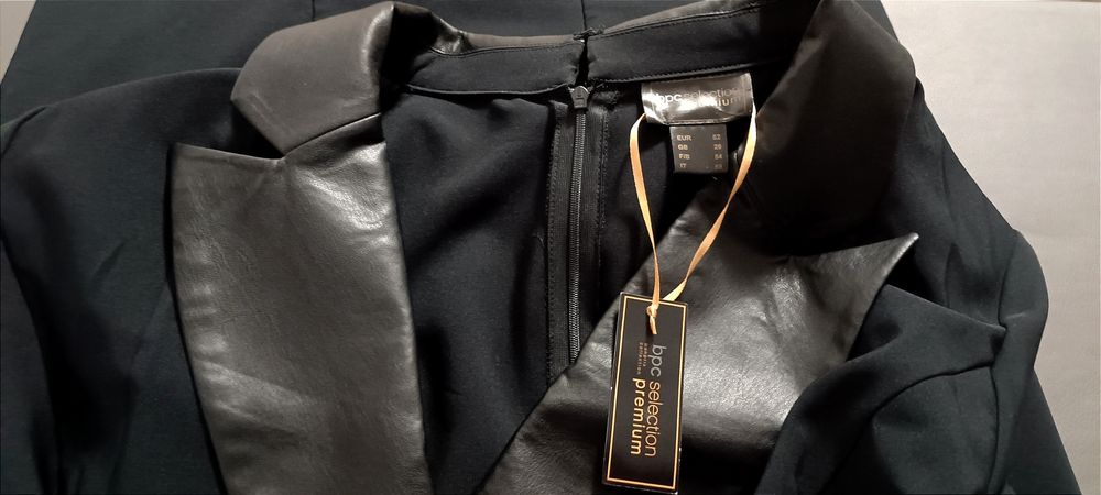 NOWA elegancka sukienka żakietowa r. 52 - wstawki z eko skóry - czarna