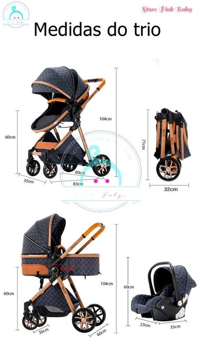 Carrinho bebé 3 em 1 PinkBaby Magic Gold - Com Base Isofix - Khaki