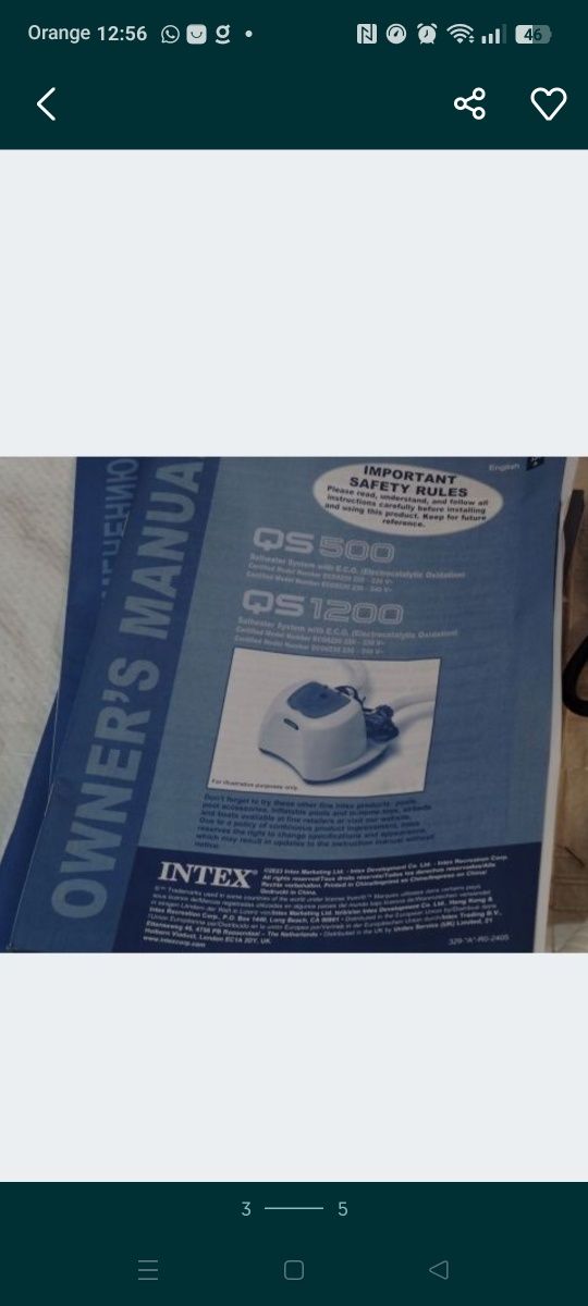 Generator chloru INTEX do basenów qs 500 5g/h