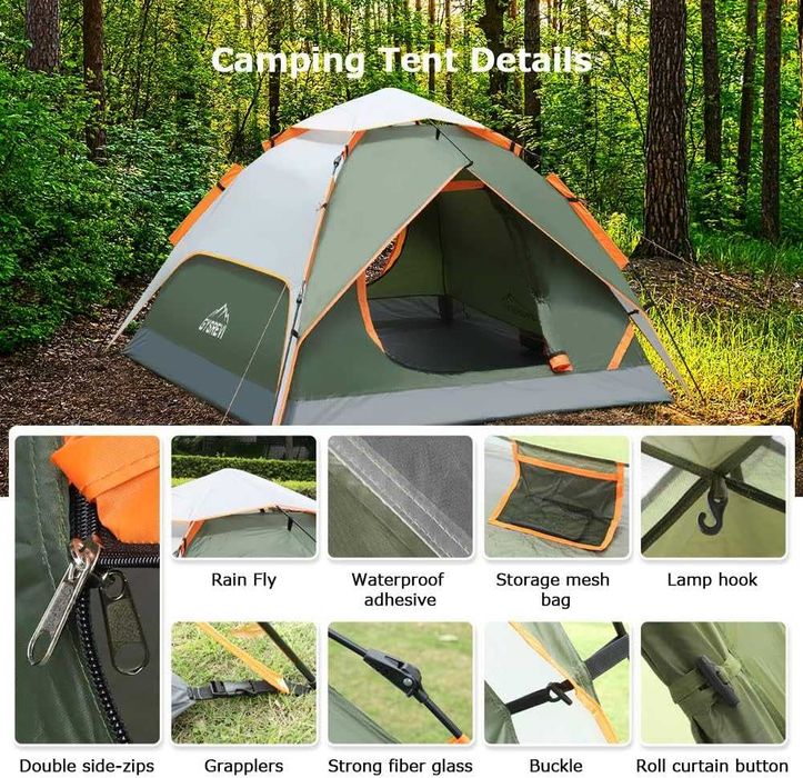 Namiot kopułowy, 3-osobowy, rozkładany, wodoodporny, dwuwarstwowy O152