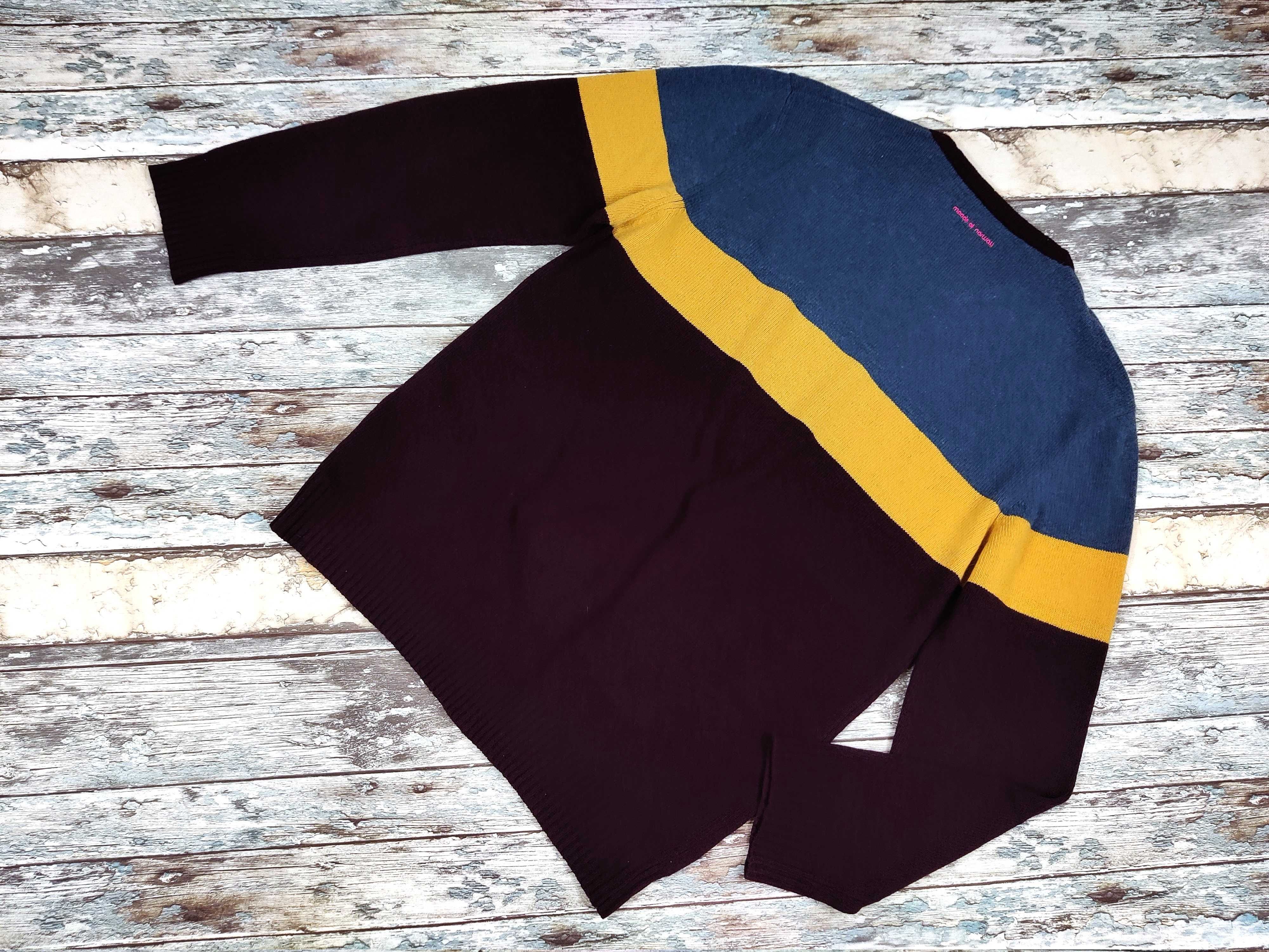 Moods of Norway sweter V-neck 80% wełna śliwka curry i niebieski XL