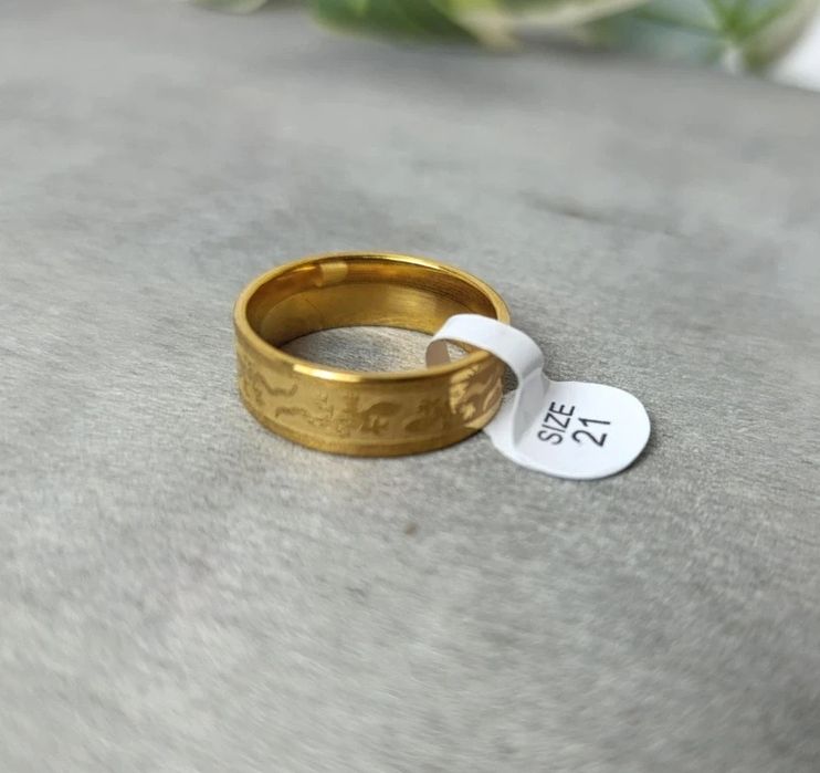 Nowy męski pierścionek stalowy złoty z smokiem