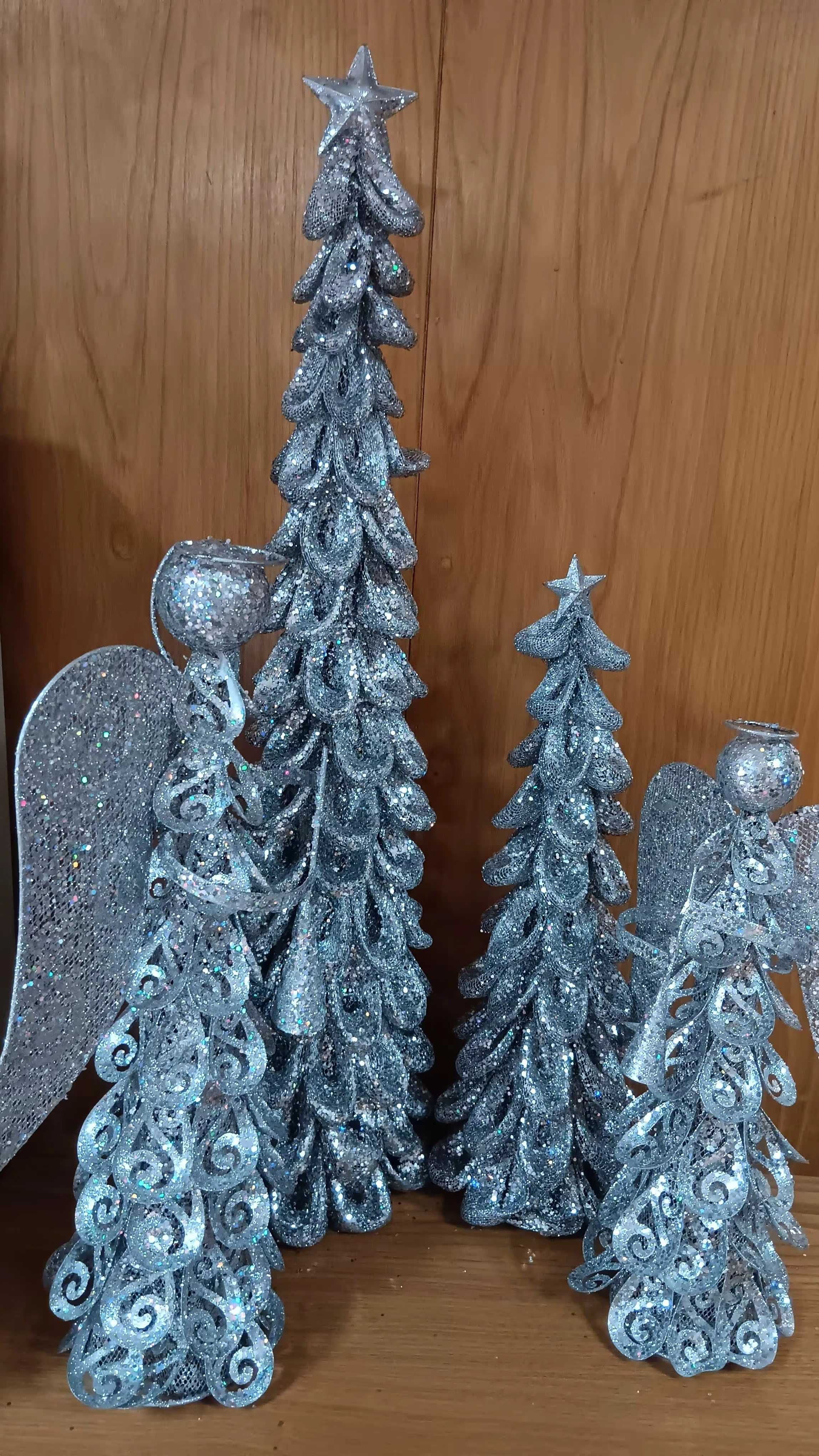 Conjunto árvores Natal e anjos purpurina