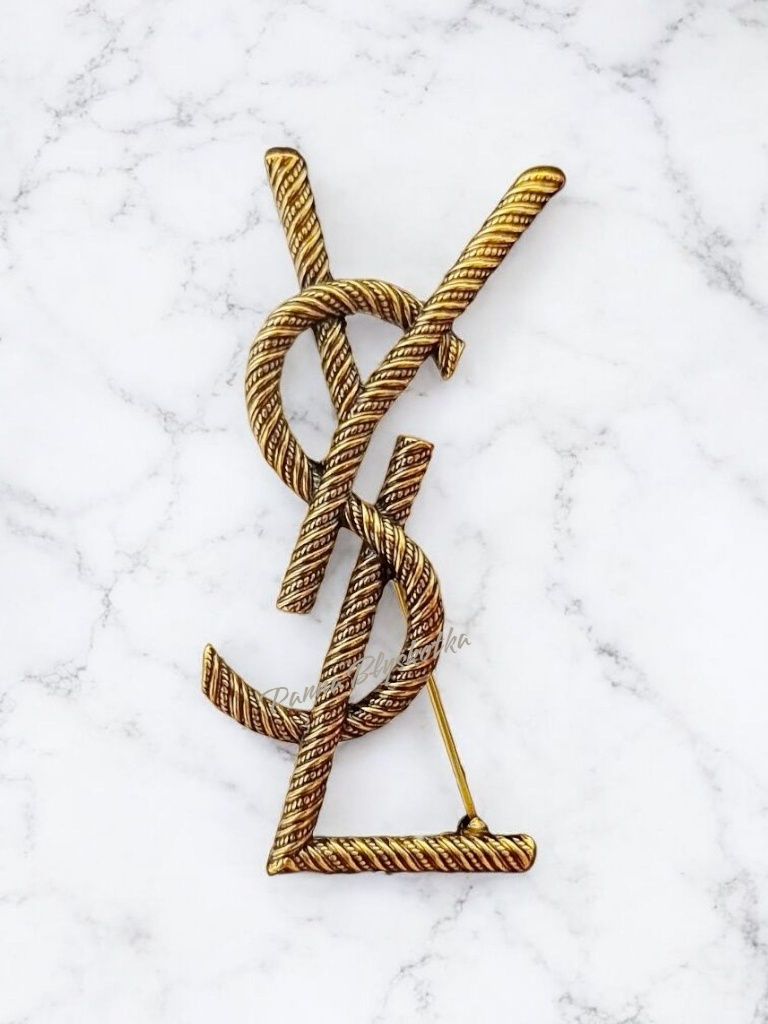 Złota broszka YSL – elegancki dodatek w stylu vintage, 7 cm