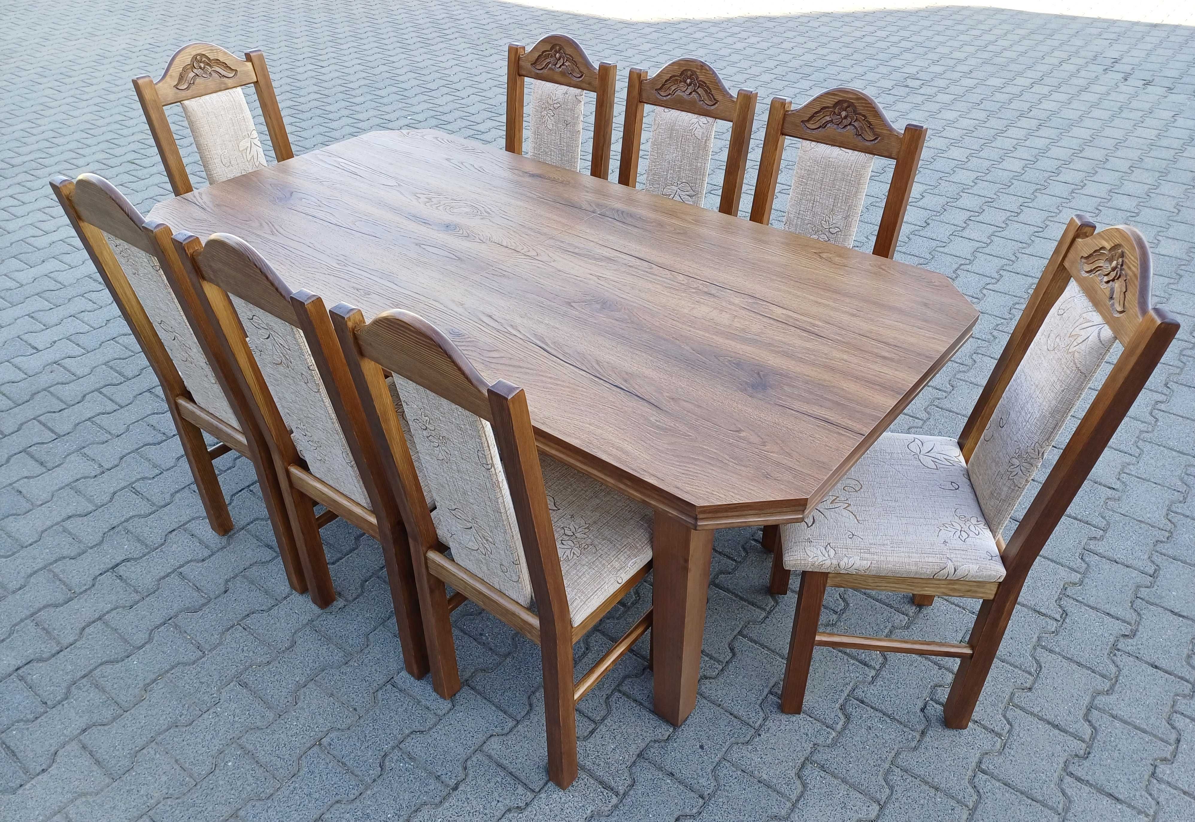 Nowosc Stol 185/244x95+8 krzesel rzezbionych blat dab Hudson Amaretto