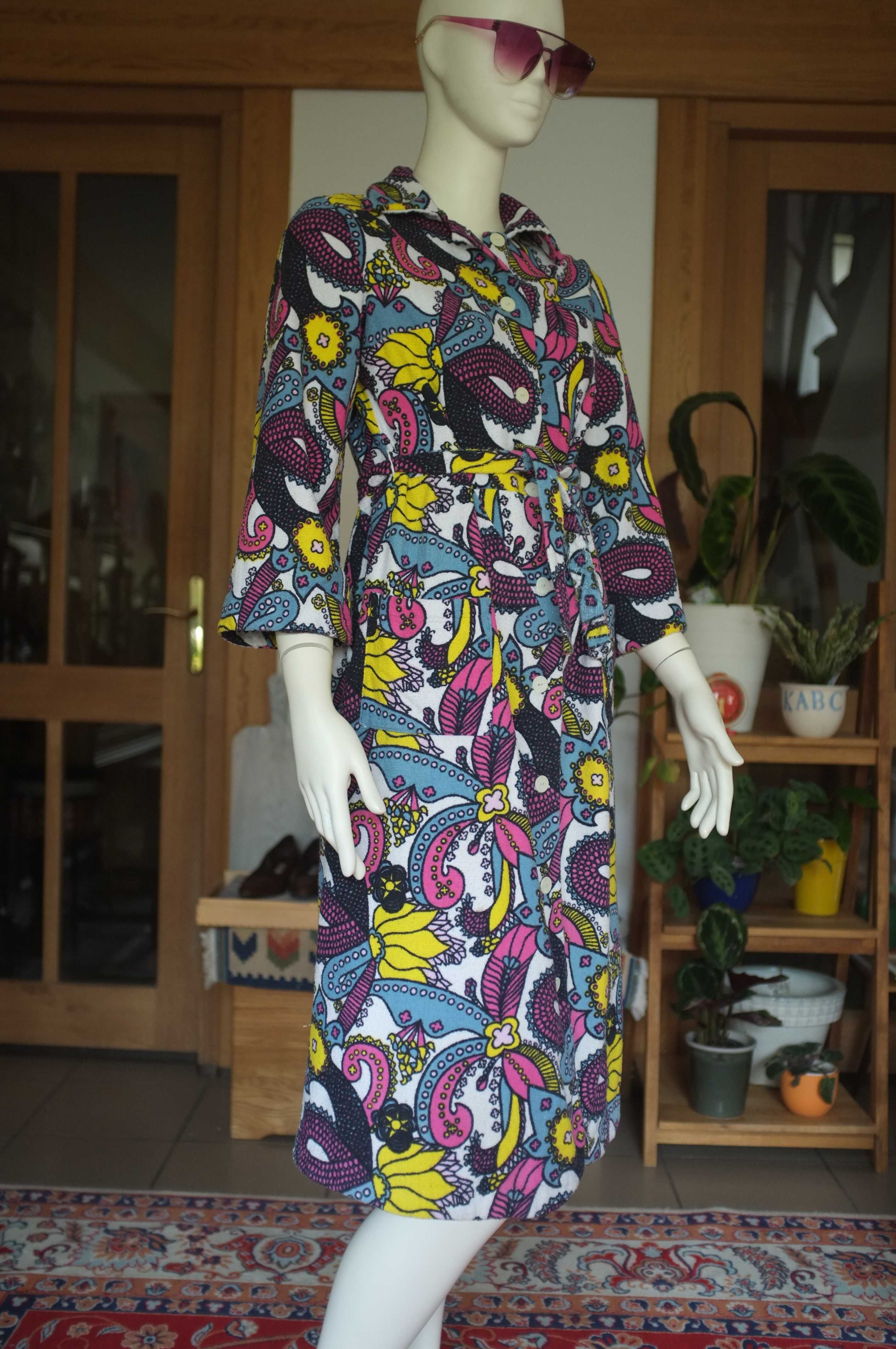 zabytkowa sukienka frotte podomka szlafrokowa 70s PRL real vintage