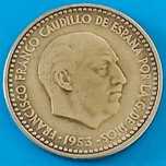 Una  Peseta de 1953, " 61"  de Francisco Caudillo  Franco, Espanha