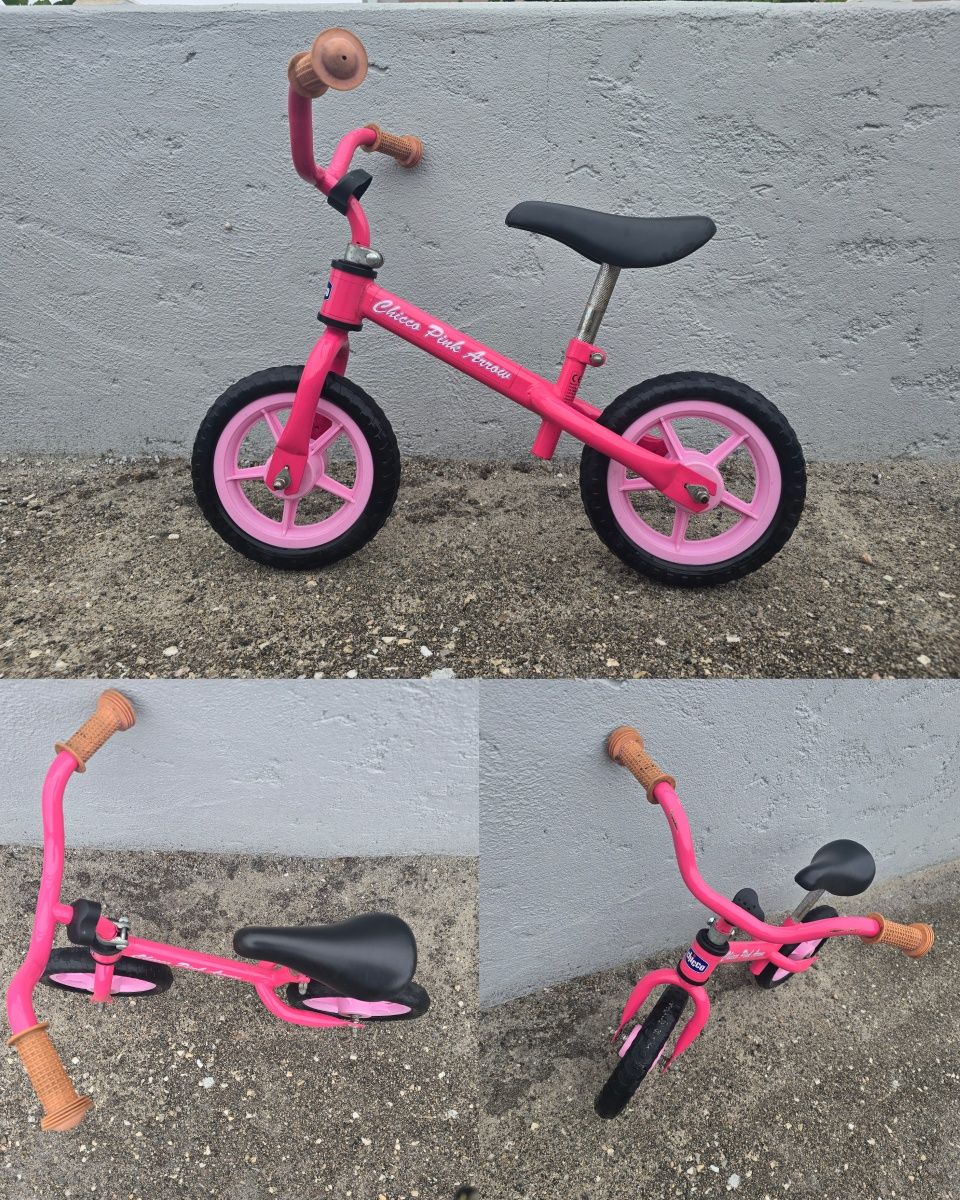 Bicicleta sem pedais cor de rosa marca Chicco
Idade 2-4 anos
