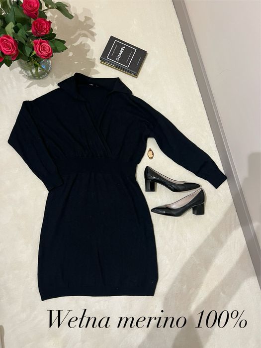 Sukienka wełna merino 100% czarna midi klasyczna codzienna wizytowa