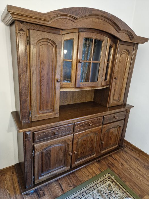 Kredens dębowy, drewniany, witryna