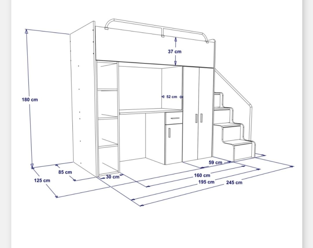 Łóżko piętrowe ze schodami i szafami czarny połysk 125x245