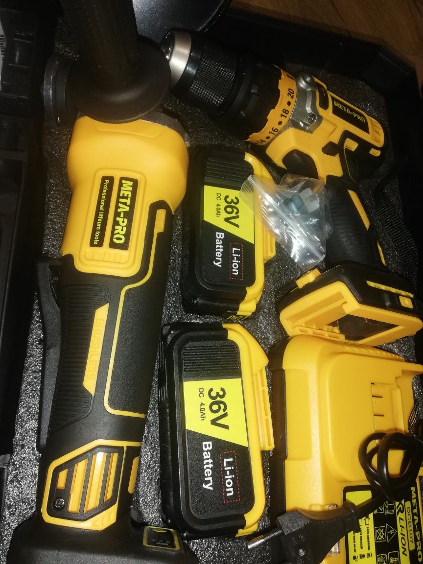 Szlifierka Akumulatorowa Wkrętarka z Udarem Zestaw Meta-Pro 2xAKU 36V