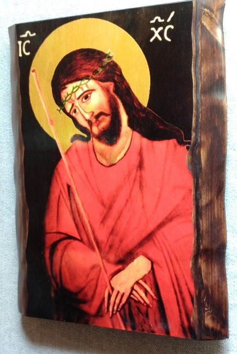 Ikona Jezusa Chrystusa – Ecce Homo, ręcznie zdobiona na drewnie