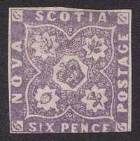 Selo NOVA SCOTIA 6 Pence ROXO com certificado RPSL/FALSO ! 1851/1860